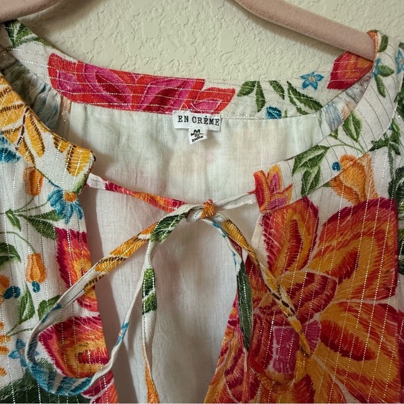 En Crème Floral Printed Puff Sleeve Tiered Mini Dress with Lurex Medium - Picture 4 of 12